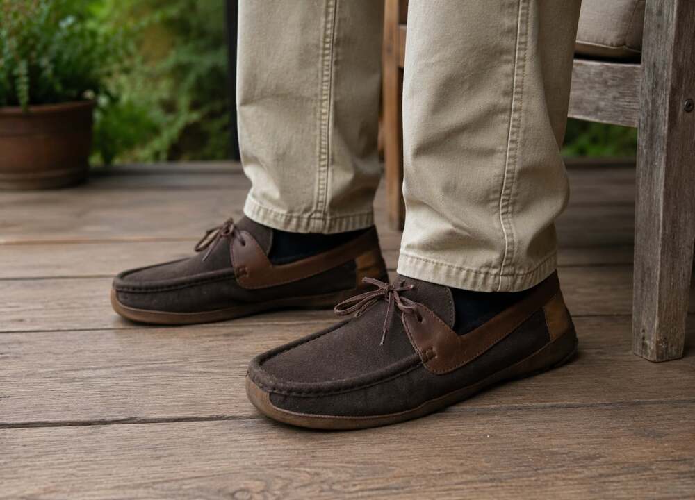 UGG Australia Byron Suede and Leather Shearling Lined Moccasin Slippers